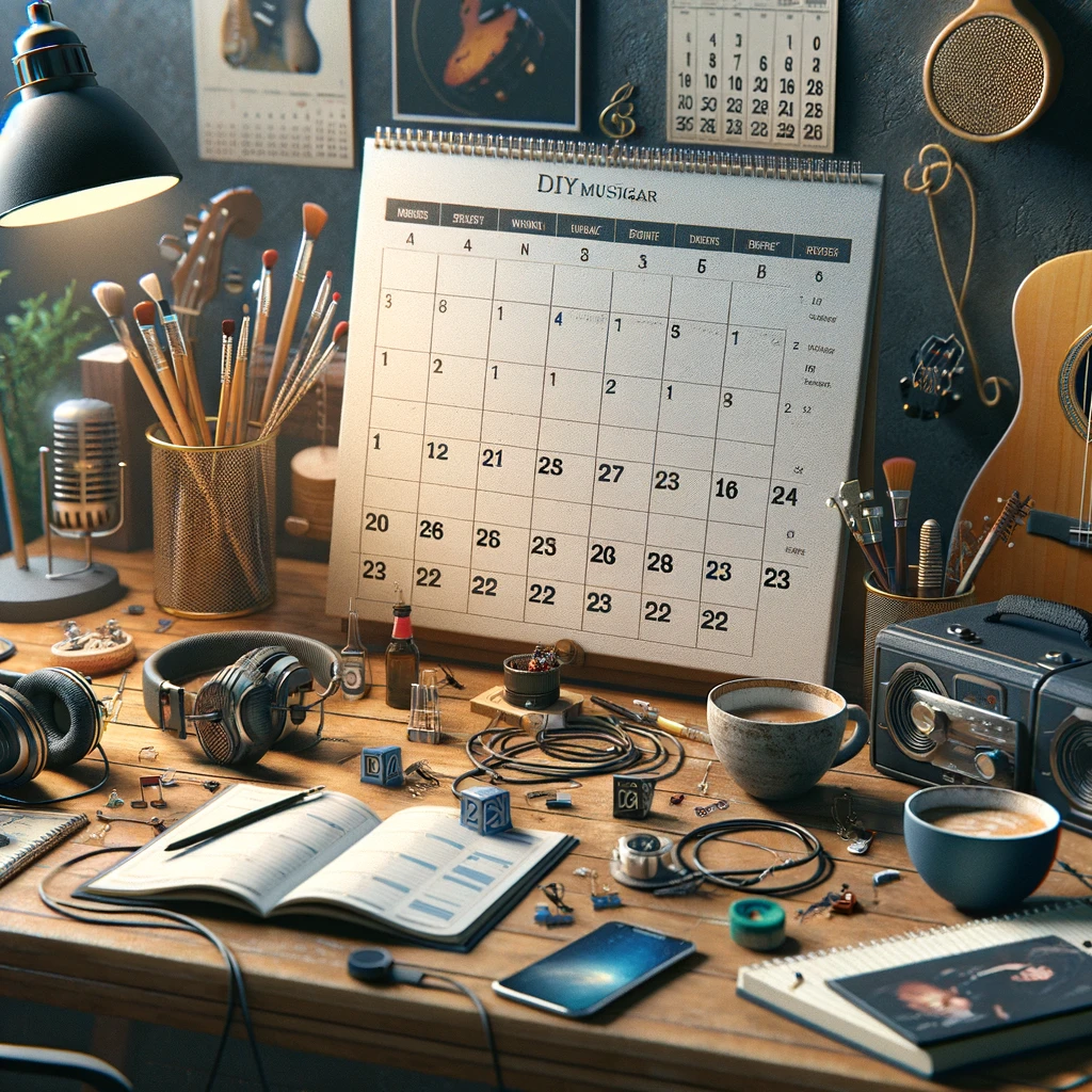 DALL·E 2024-02-02 13.03.40 - Create a realistic image of a calendar designed specifically for DIY musicians. The calendar should look like a tangible object within a musician's wo